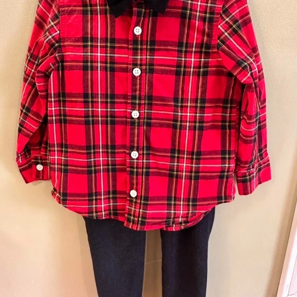 3T Red Plaid Toddler Boy Old Navy Button Up Shirt Bow Tie Zara Baby Pants Set